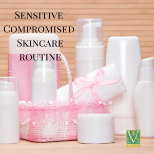 Sensitive Compromised Skincare Routine text above plain white bottles with accents of pink lace