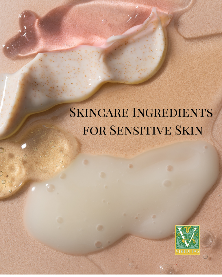 Skincare Ingredients for sensitive skin written in text over blobs of different color skincare creams