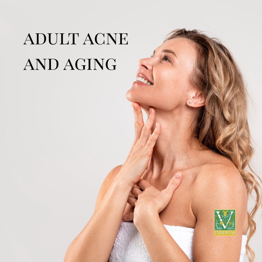adult acne and aging text on background of middle-aged woman touching her neck, looking up, and smiling