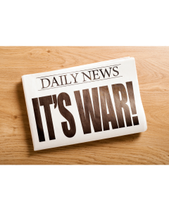newspaper headline reads ITS WAR!