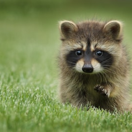 raccoon walking on lawn grass